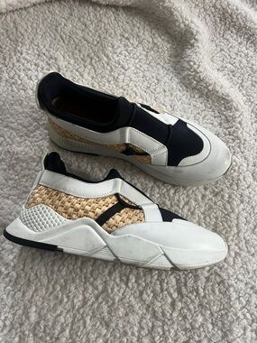 Women’s Black and Natural Slip-On Woven Panel Sneakers